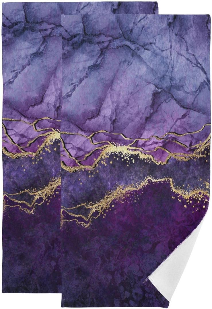 Purple Marble Hand Towels for Bathroom Set of 2 Abstract Gold Texture Aesthetic Soft Absorbent Kitchen Towel Modern Elegant Art Decorative Bathroom Towels for Bath Guest Shower Face Hair Gym 14"x28"