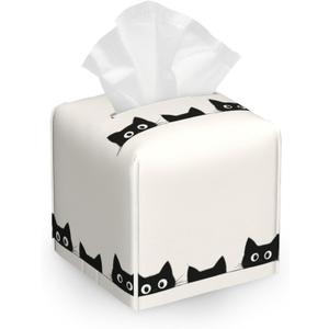 Cute Black Cat Tissue Box Cover Holder,Leather Tissue Case Holder Facial Paper Organizer Decorative for Tabletop Night Stands Desk Bathroom Kitchen Car Office Home Decor