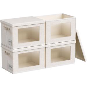 4-Pack Fabric Foldable Storage Bins Closet Storage Box with Window Decorative Storage Bins with Lids for Clothes, Closet, Living Room, Beige, 17 x 11.8 x 11.8"