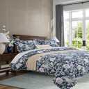 DAUAOTO King Size Patterned Duvet Cover Set - 104"x90" Cover + 2 Shams, 100% Cotton Printed Bedding Sets, Dark Garden Pattern, Bloom Floral Blue