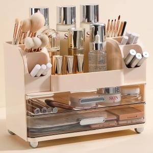 Anyoifax Makeup Organizer Countertop with Large Drawers, Vanity Organizer with Brush Holder, Skin Care Storage for Dresser, Perfume Organizer for Lotion, Lipsitck, Palette, Beige