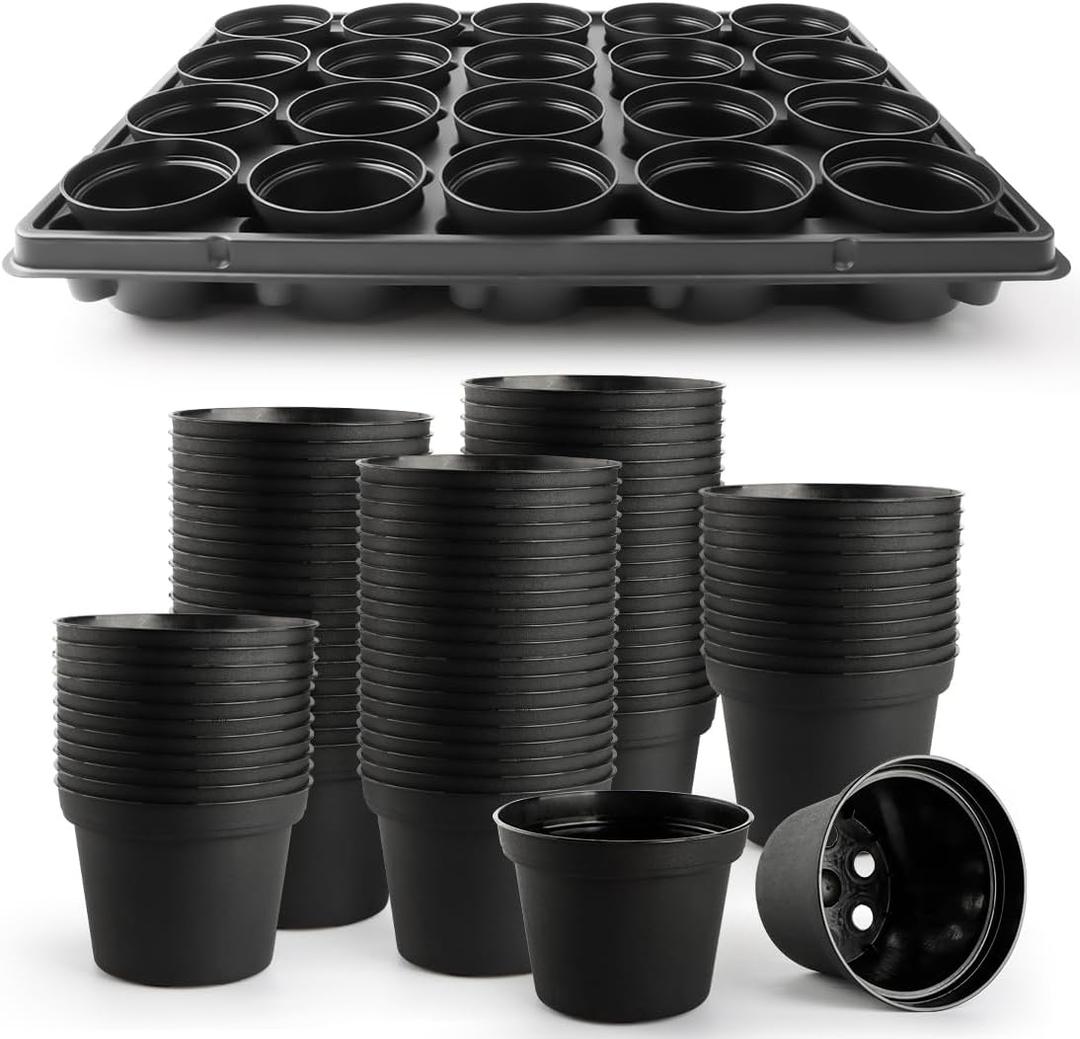 RooTrimmer 3 Inch Plastic Plant Pots 100 Pcs with 5 Pcs 20 Cell Seed Starter Trays, Thick Black Small Nursery Pots and Propagation Shuttle Trays for Seed Starting, Plant Propagation Starter Kit 5 Sets