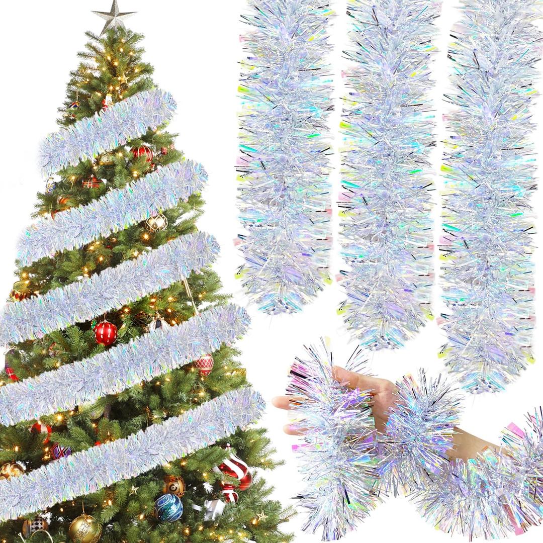 50Ft Garland for Christmas Decorations,Iridescent White Christmas Tinsel Garland,Artificial Christmas Pine Streamers for Party Hanging Ceiling Decorations