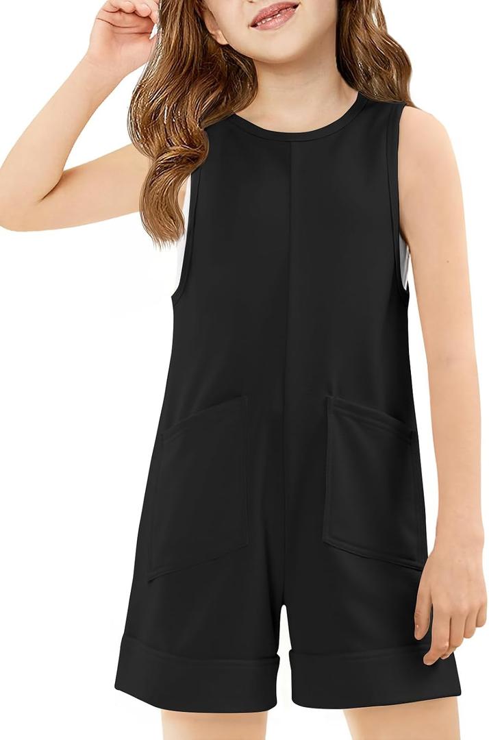 Haloumoning Girls Romper Sleeveless Short Jumpsuits Kids Casual One Piece Summer Outfits with Pockets 5-14 Years