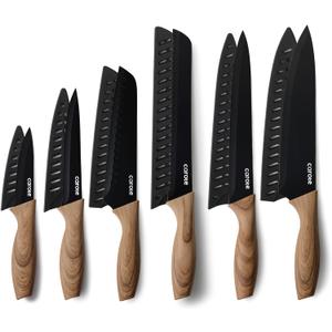 CAROTE 12PCS Knife Set, Stainless Steel Kitchen Knife Set with Nonstick Ceramic Coating Dishwasher Safe with 6 Blade Guards, Rustproof, Black