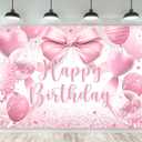 Riyidecor Pink Bow Happy Birthday Banner Backdrop 7Wx5H Feet Polyester Fabric Girls Coquette Birthday Decorations Bownot Balloons Photography Background Bachelorette Decor Banner Studio Photo Shoot