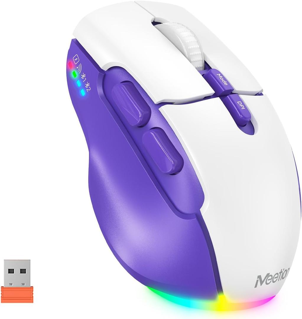 MEETION Wireless Mouse for Laptop, USB and Bluetooth Connectivity, 4 Adjustable DPI, Rechargeable, Ergonomic Mouse for Laptops, iPad, Compatible with Windows, MacOS, Android, iOS, Purple White