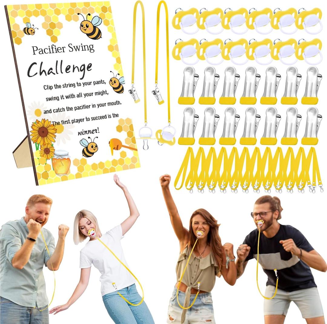 Geelin 12 Sets Swing Pacifier Baby Shower Games Funny Gender Reveal Games, Include 1 Wooden Sign and 12 Plastic Pacifiers for Bridal Baby Shower Gender Reveal Party Women Men(Bee,Yellow)