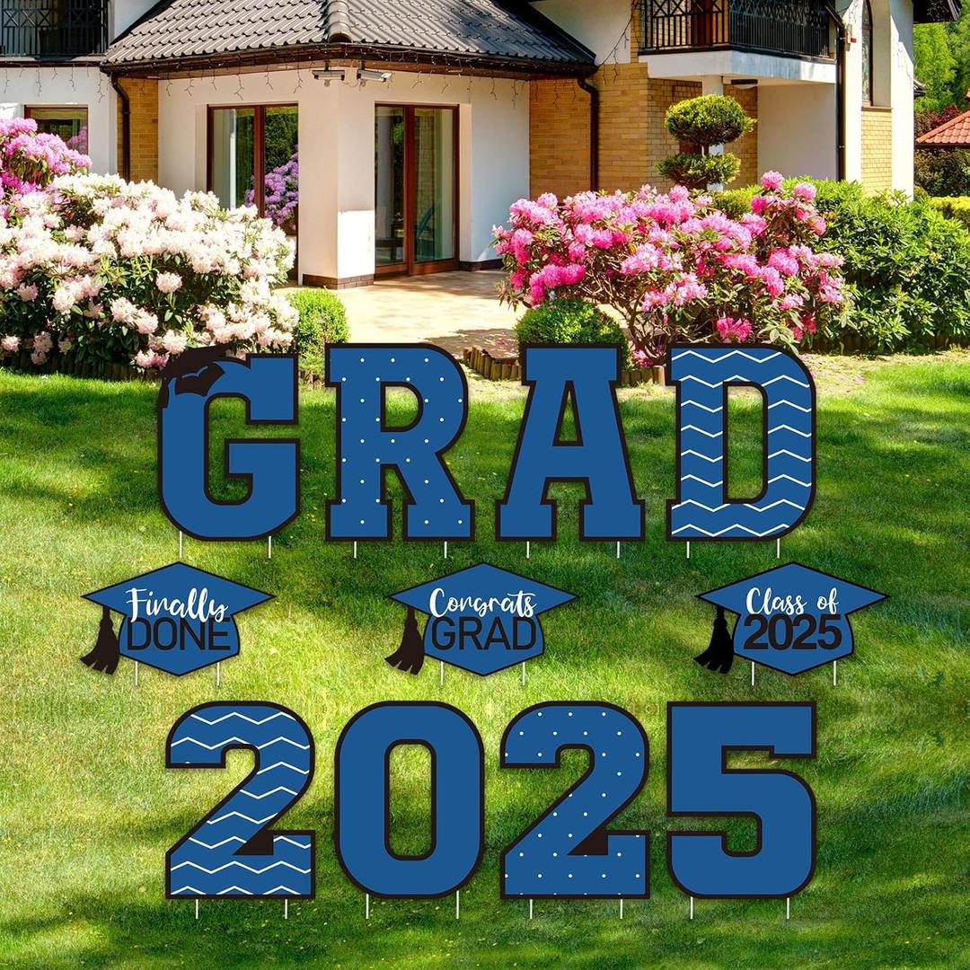Tatuo 11 Pcs Graduation Yard Sign Decorations Congrats Graduation Lawn Signs 2025 Grad Yard Decor with 23 Stakes for Outdoor Grad Party(Simple Style,Blue)