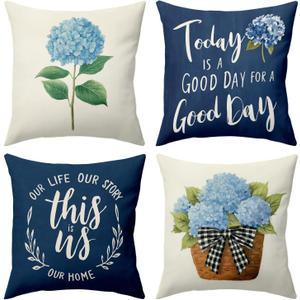 BBOLDIN Blue Hydrangea Throw Pillow Covers 18x18, Flower Flowal Square Pillow Cases Set of 4, Spring Summer Cushion Covers Decorations for Living Room Bedroom Farmhouse