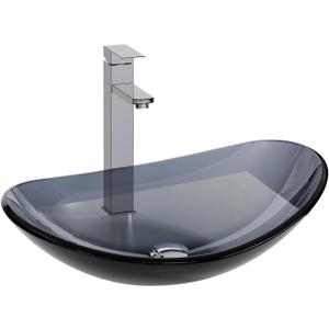 Bathroom Boat Shape Artistic Glass Vessel Sink Free Chrome Faucet and Pop-up Drain Set, Bluish Grey