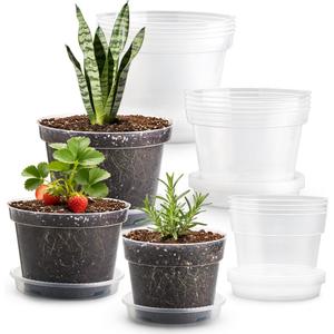 RooTrimmer 15 Pack 8/7/6 Inch Clear Nursery Pots with Saucer, Transparent Plastic Plant Pot with Drainage Hole, Sturdy Planting Starter Pots for Gardening Flower Herb Vegetable