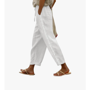 Puimentiua Women Linen Pants Lightweight Capri Pants with Lace Side Summer Casual Beach Drawstring Elastic Waist Trousers M