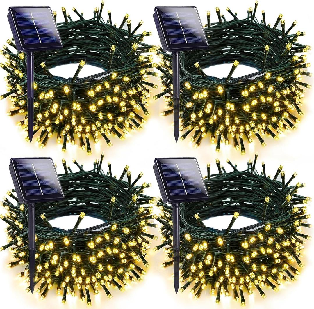 4-pack Solar Christmas Lights Outdoor Waterproof, 400LED 132FT Solar String Light with 8 Lighting Modes, Solar Tree Lights Green Wire for Xmas Tree Party Wedding Garden Fence Decoration (Warm White)