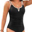 Womens One Piece Swimsuit Tummy Control - Slimming Bathing Suit V Wired Full Coverage 2025 Swimwear (Large, Black and White)