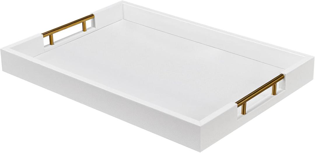 12×20 Inches White Faux Leather Coffee Serving Tray Decorative Ottoman Trays with Gold Metal Handles Decor for Living Room Rectangle Large Bed Breakfast Organizer for All Occasions Multipurpose Using