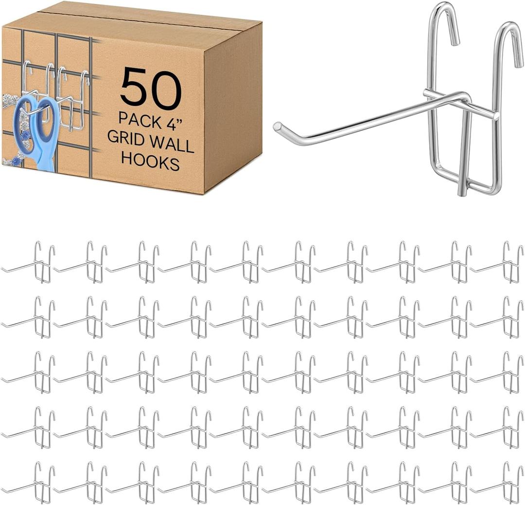 50 Pcs Silver Stainless Steel Grid Wall Hooks & Hangers, 4" Grid, Modern Minimalist Design, Wall Mount, Retail & Craft Show Display