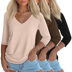 Ficerd 3 Pack Women's 3/4 Length Sleeve T Shirts, V Neck Tops Loose Fit Blouses Casual Tees 2026 Fashion Clothes, Size L, Two blacks T-shirts And One Tan T-shirt