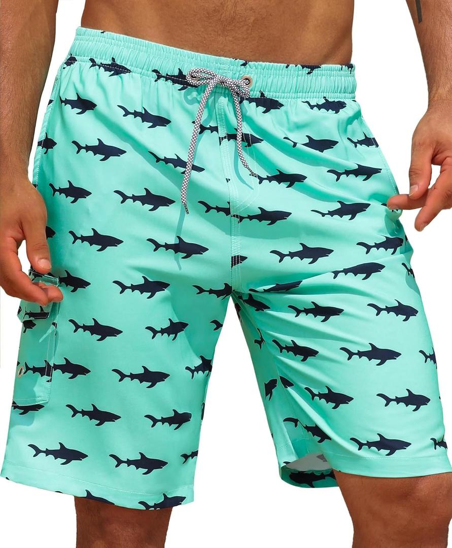 APTRO Men's Swim Trunks 9" Quick Dry Bathing Suit Big & Tall Beach Swimsuits (3X, #Hw015 Green Shark)