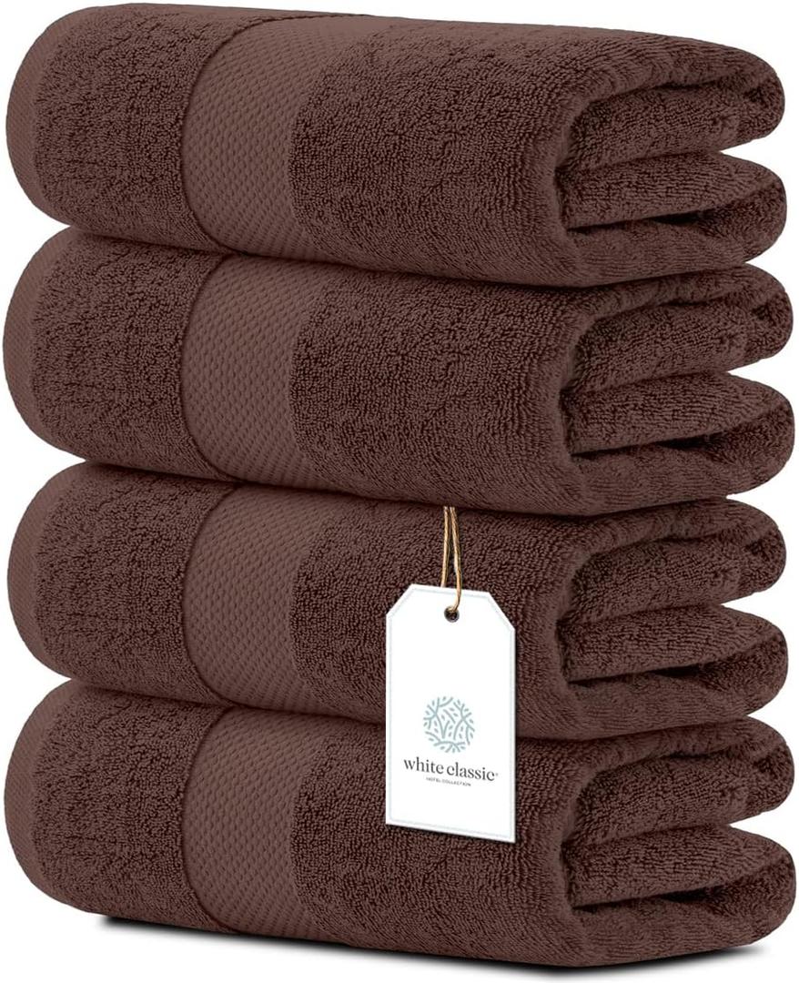 4 x White Classic Luxury Bath Towels Set of 4 Large - 700 GSM Cotton Ultra Soft Bath Towels 27x54 | Highly Absorbent and Quick Dry | Hotel Towels for Bathroom Luxury, Plush Shower Towels, Brown
