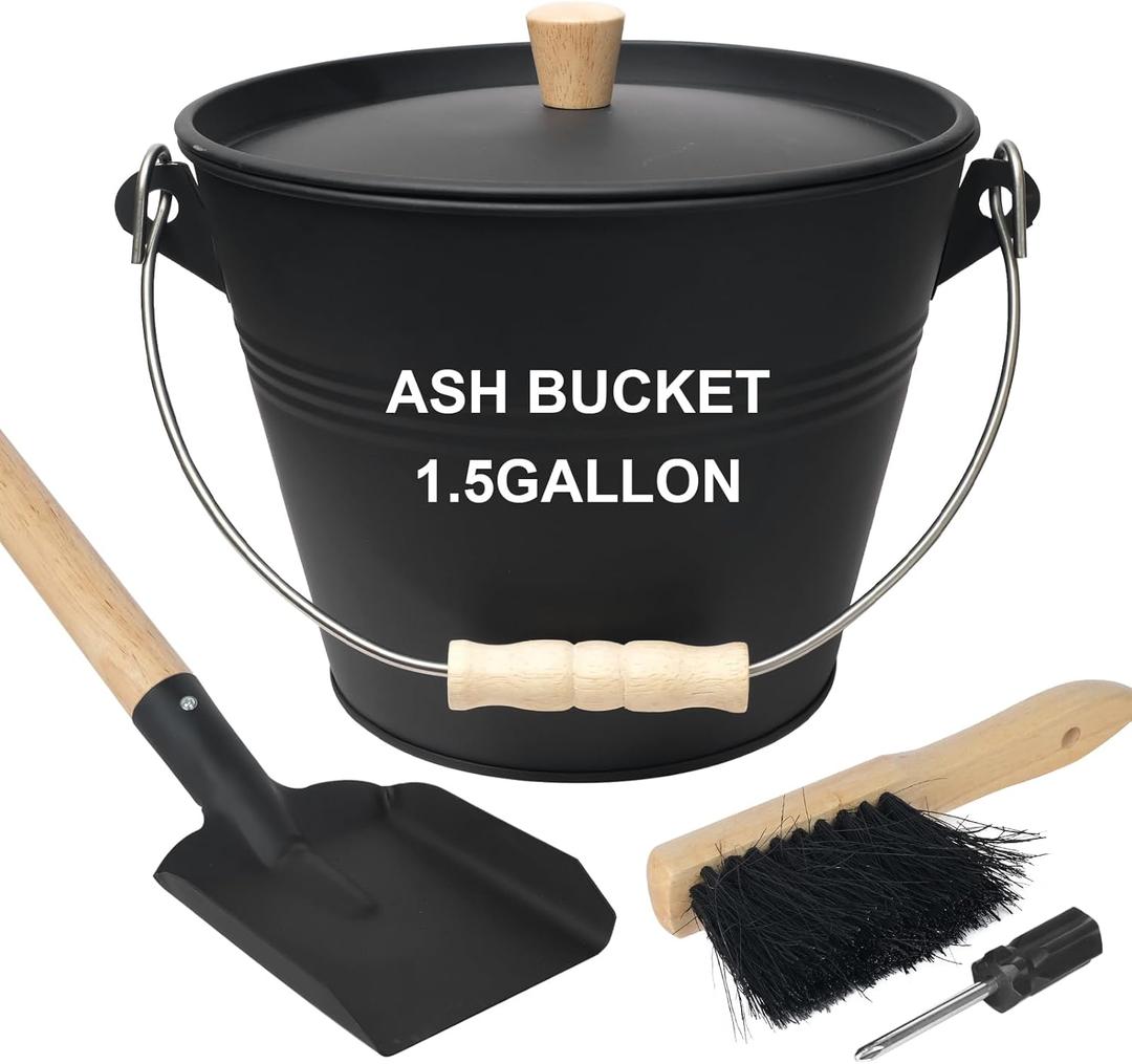 Mini Ash Bucket with Lid, Shovel and Broom, 1.5 Gallon Fireplace Metal Bucket with Lid, Charcoal Bucket and Ash Can for Fireplace, Ashes, Fire Pits, Hearth, Wood Burning Stoves