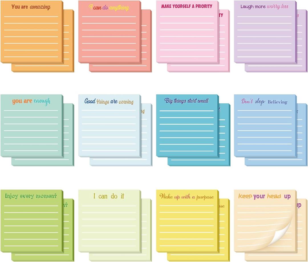 Yinder 24 Pcs Inspirational Sticky Notes Cute Motivational Sticky Notes Pad End of Year Employee Appreciation Gifts Bulk for Teacher Nurse Coworkers Office Supplies 3 x 3'' (Inspirational,Light Color)