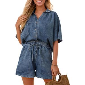 Zilcremo Womens 2 Piece Outfits Summer Denim Sets Short Sleeve Button Down Crop Jean Shirts High Waist Denim Shorts Sets (Small, Darkblue)