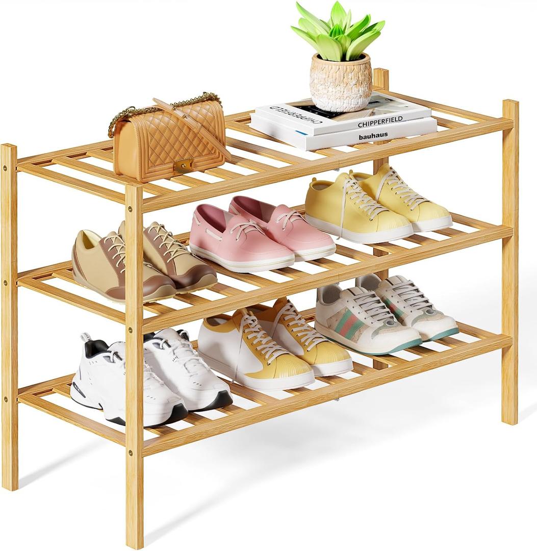 Kitsure Bamboo Wooden Shoe Rack for Closet - Stackable Shoe Organizer with Modular Structure, Space-Saving Shoe Shelf for Entryway, Living Room, Bedroom, 26.8" x 11" x 18.9", Natural