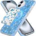 Magnetic for iPhone 16 Case with Card Holder [Compatible with Magsafe][ with Wireless Charging Wallet] Blue Flower Floral Printed Pattern Clear Case for iPhone 16 Case, Blue (6.1")