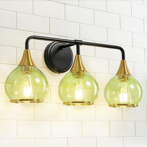 HAHZT Black and Gold Bathroom Vanity Light 3-Lights Bathroom Light Fixtures Over Mirror with Green Clear Glass Shade 22.4 inch Wall Sconce Lighting Bath(Exclude E26 Bulb)