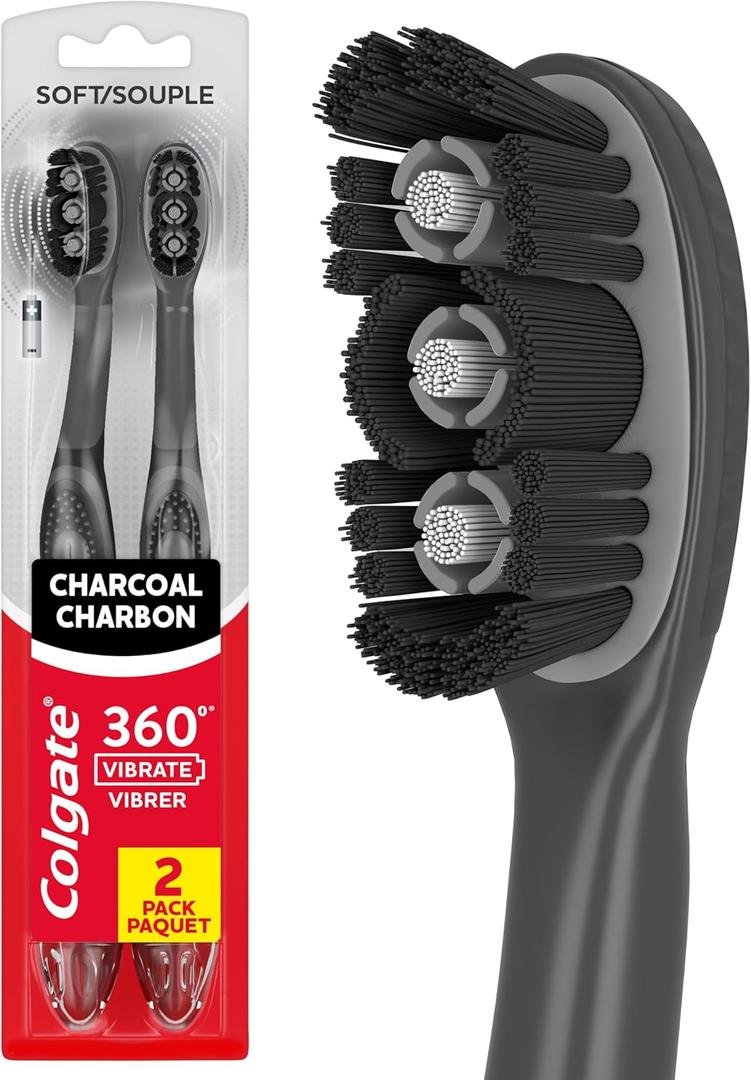 Colgate 360 Vibrate Charcoal Battery Operated Toothbrush Pack, Soft with 1 AAA Battery Included, Black, 2 Count