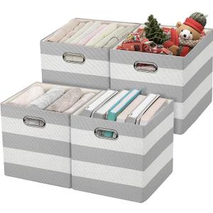 Posprica 3X Thicker Storage Bins Storage Cubes,1111 Collapsible Storage Boxes Containers Organizer Baskets for Nursery,Office,Closet,Shelf - 4pcs, Grey-white Striped