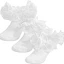 SAOROPEB Toddler Ruffle Socks, 3 Styles5 Size, Frilly Dress Socks for Girls Princess Lace Ruffles Socks Set (6-8 Years, White 3 Pairs)
