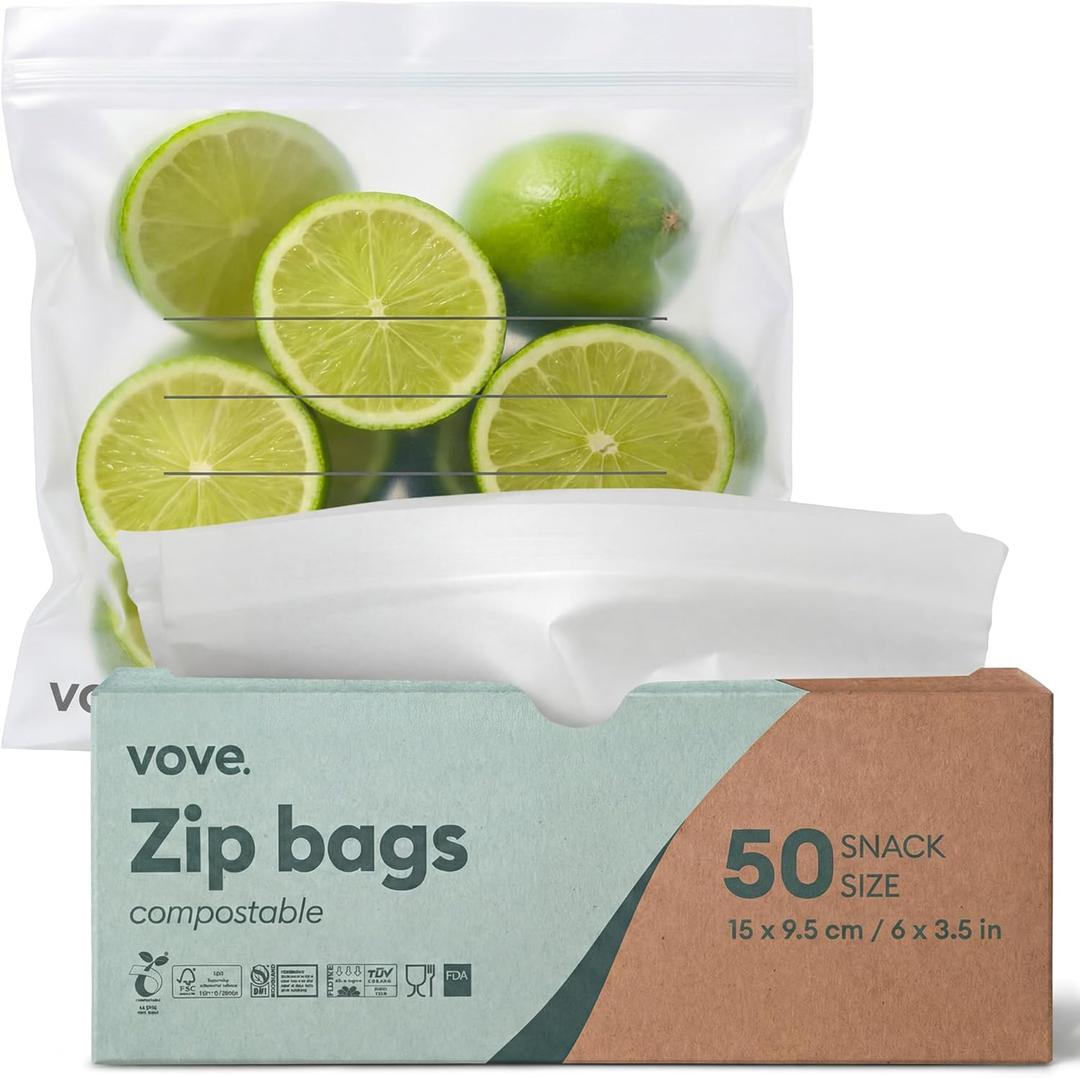 Vove Compostable Snack Bags 50 Ct  PFAS-Free, BPI Certified, Freezer Safe with Airtight Seal for Snacks & School Lunches, Plant-Based