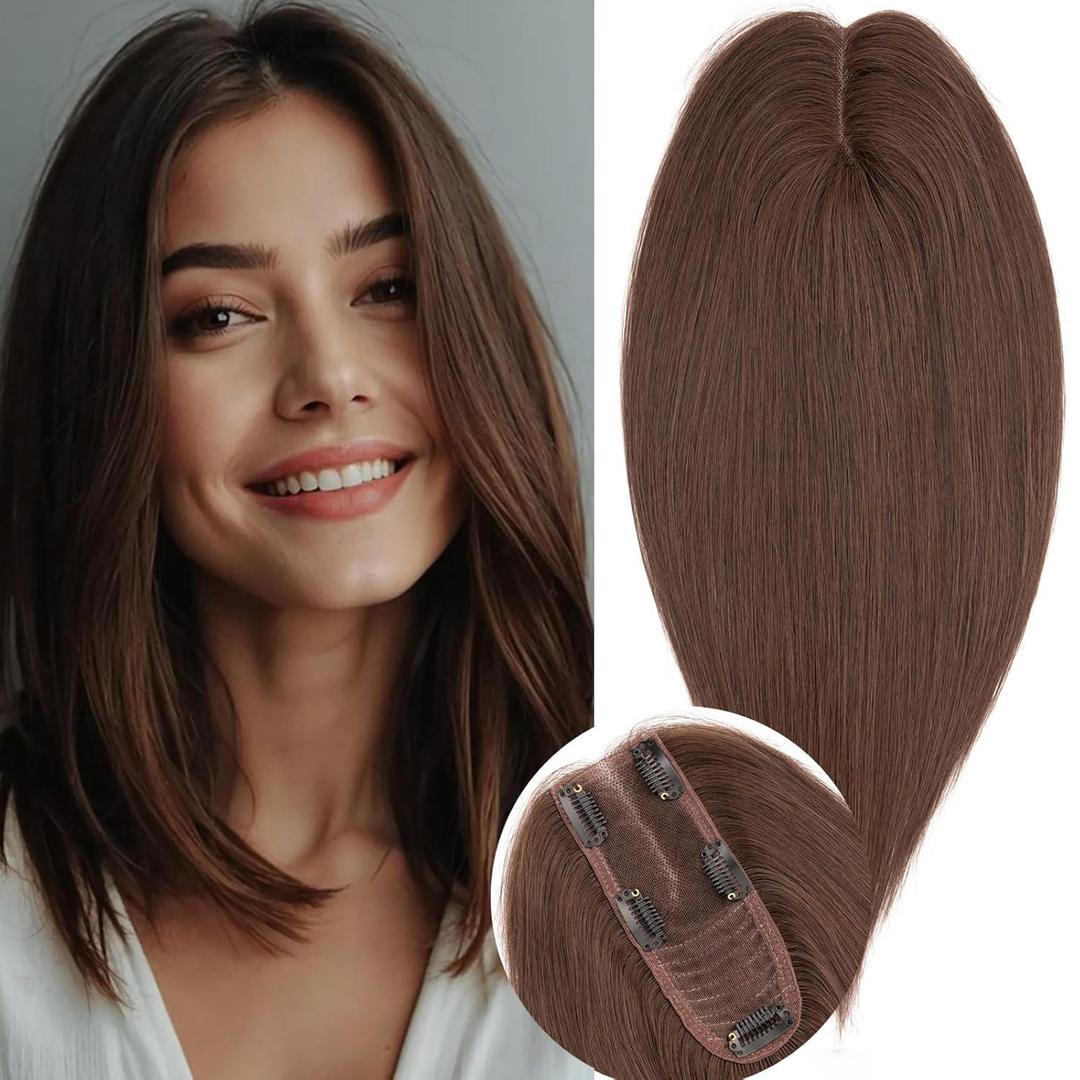 Rich Choices Hair Toppers for Women Real Human Hair 100% Human Remy Toppers for Women with Thinning Clip in NO Bangs Upgrade Extended 2"*6"Lace Base 150% Density 10 Inch #2 Dark Brown