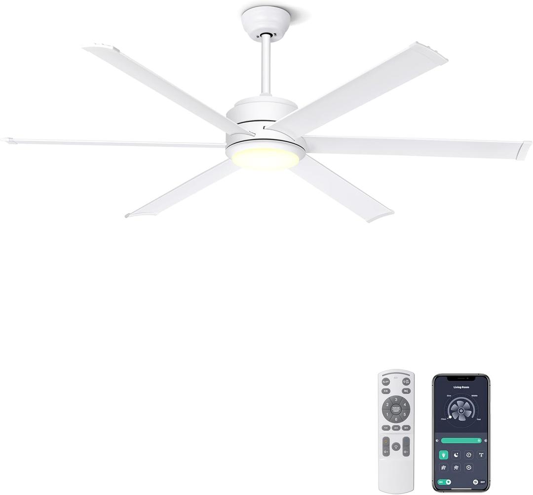 Ohniyou 60'' Ceiling Fan with Lights, Industrial Ceiling Fan with 5 Aluminum Blades, App/Remote Controlled, Dimmable, for Outdoor Patio, Living Room, White