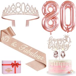 80th Birthday Decorations for Women, Include 80th Birthday Sash and Tiara, Cake Topper and Candles, Number Balloons, Greeting Card, 80 Year Old Gifts for Women