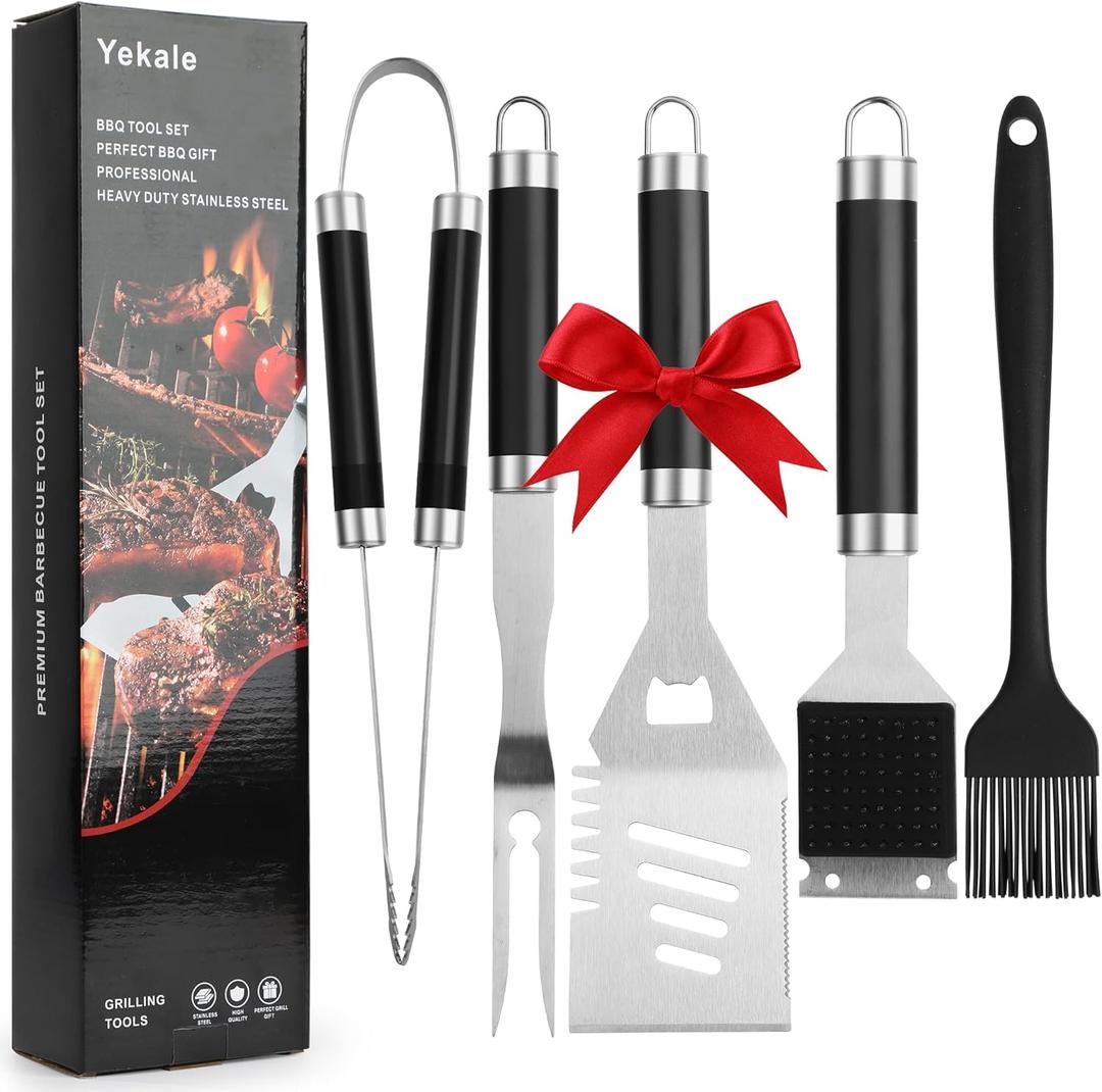 BBQ Grill Accessories Set, Grill Tools Grilling Accessories Grilling Gifts for Men - Spatula, Fork, Brush, Tongs & Cleaning Brush - Outdoor Barbecue Utensils Gifts for Men Dad Him (Black)