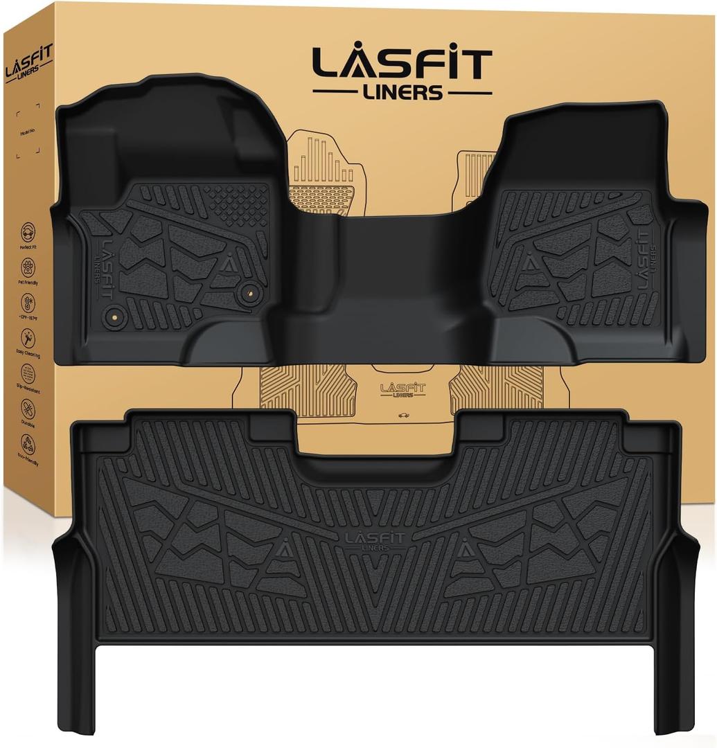 LASFIT Floor Mats for Ford F250 F350 F450 2017-2026 Crew Cab Front Bench Seat | Rear W/Fold-Flat Storage Carpet Floor Super Duty All Weather Protector TPE Car Floor Liner, 1st & 2nd Row, 2pcs Black