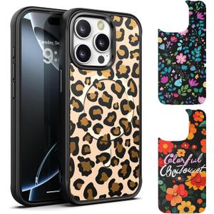 IYH for iPhone 15 Pro Max Case with 3 Interchangeable Magnetic Back Covers, Military-Grade Protection | Wireless Charging Compatible, Floral Pattern, Black