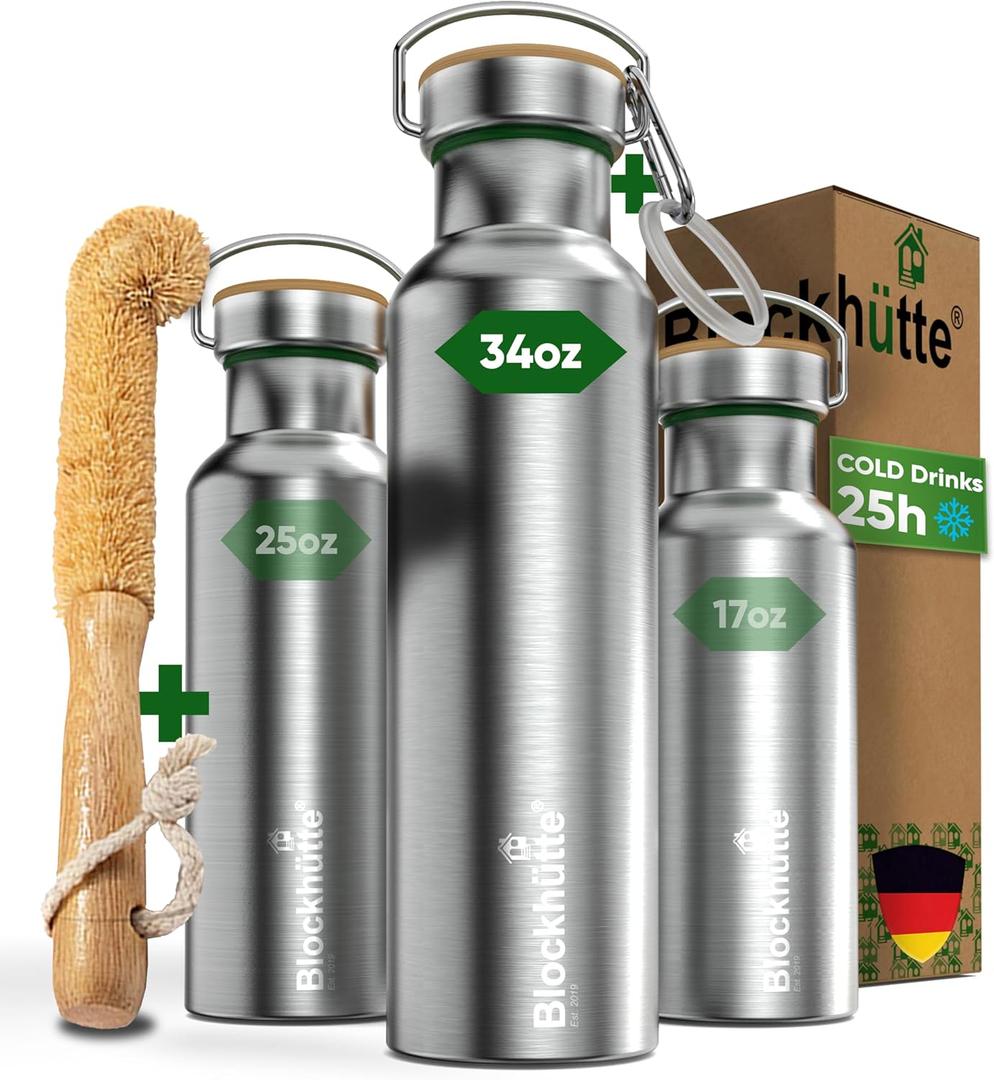 Blockhtte Vacuum Insulated Stainless Steel Water Bottle - 34 oz | Wide Mouth Insulated Metal Bottle for Cold Drinks | Perfect for Travel, School, Kids, Adults, Water Canteen, BPA-Free (Silver)