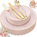 YOUBET 125Pcs Pink Plastic Plates with Gold Rim - Scalloped Plastic Plates Set Includes 25 Dinner, 25 Dessert Plate, 75 Gold Silverware for 25Geusts for Wedding Birthday Parties Baby Shower Valentines Without forks