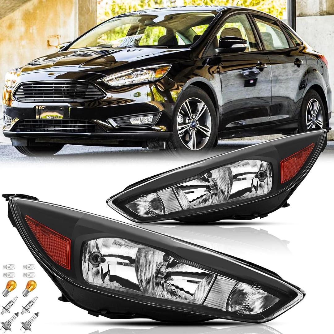 Headlights Assembly Pair with Bulbs for 2015 2016 2017 2018 Ford Focus S/SE/ST Halogen Headlamps Head Lights Replacement Driver and Passenger Side (LH RH),Black Housing Amber Reflector