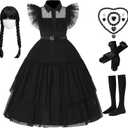 Girls Black Costume Halloween Dress Family Cosplay Party Outfit with Wig Necklace Belt Gloves Socks (7-8Y/130)