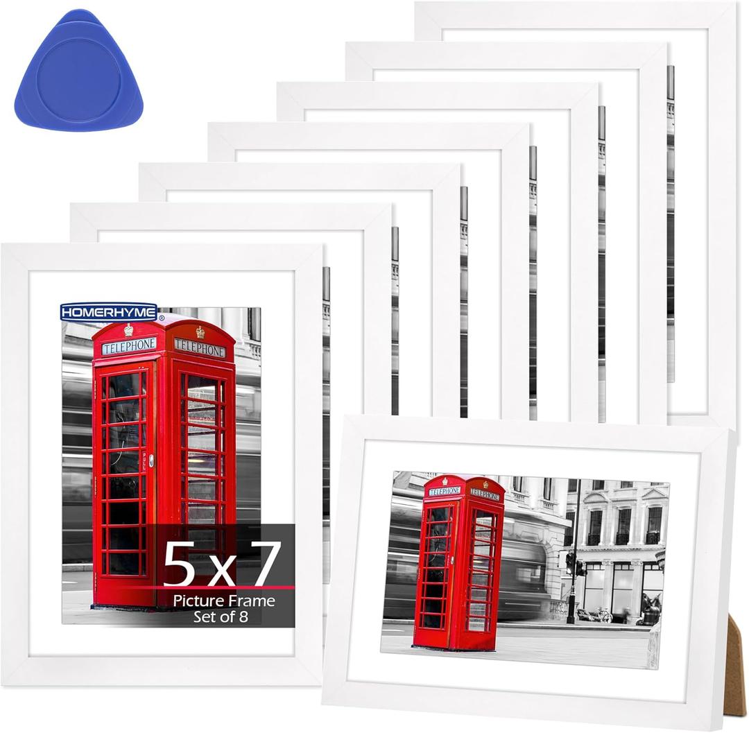 HOMERHYME 5x7 Picture Frame Set of 8, White Photo Frames for Gallery Wall Mounting or Table Display, Display Pictures 4x6 with Mat or 5x7 Without, Poster Frames with Plexiglass for Home Office Decor