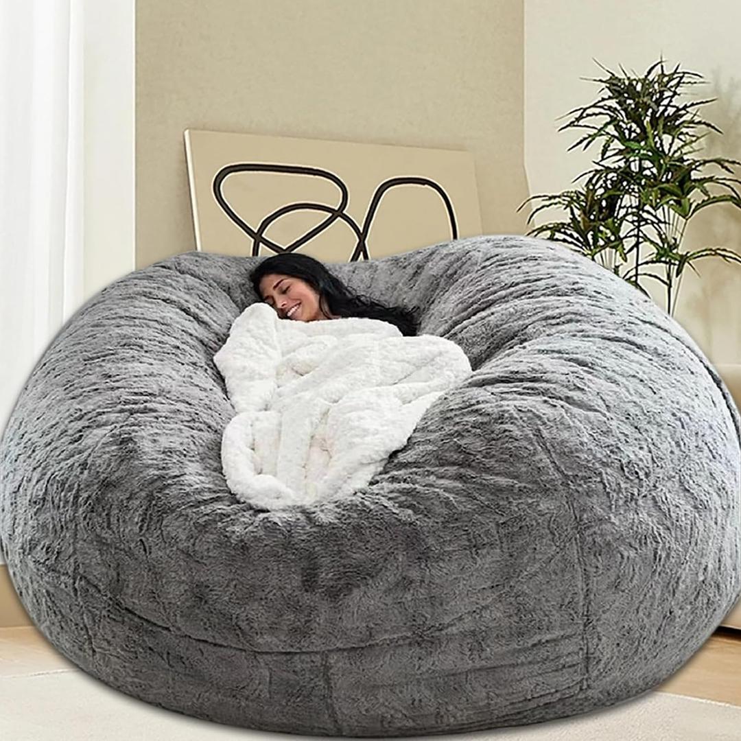 HDMLDP Bean Bag Chair for Kids Adults Without Filler Oversized Round Plush Beanbag Chair Lazy Sofa Cover for Stuffed Animal Storage Floor Chair, 5FT, Light Grey