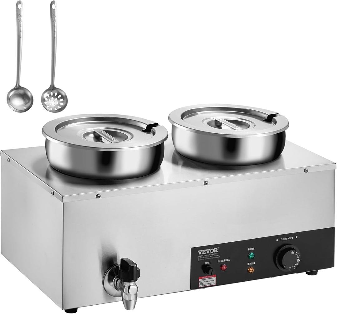 VEVOR Electric Soup Warmer, Dual 7.4QT Stainless Steel Round Pot 86~185F Adjustable Temp, 1200W Commercial Bain Marie with Anti-Dry Burn and Reset Button, Soup Station for Restaurant, Buffet, Silver