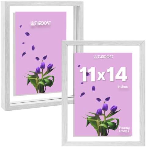 THRDOST 11x14 Floating Frames Set of 2– Double Tempered Glass & Solid Engineered Wood Floating Picture Frames –Wall Mount or Tabletop Placement