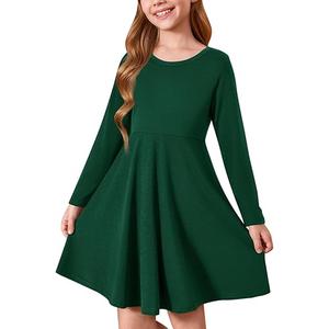 Haloumoning Girls Long Sleeve T-Shirt Dresses Kids Fall A-Line Twirly Skater Dresses 5-14 Years, Dark Green 
