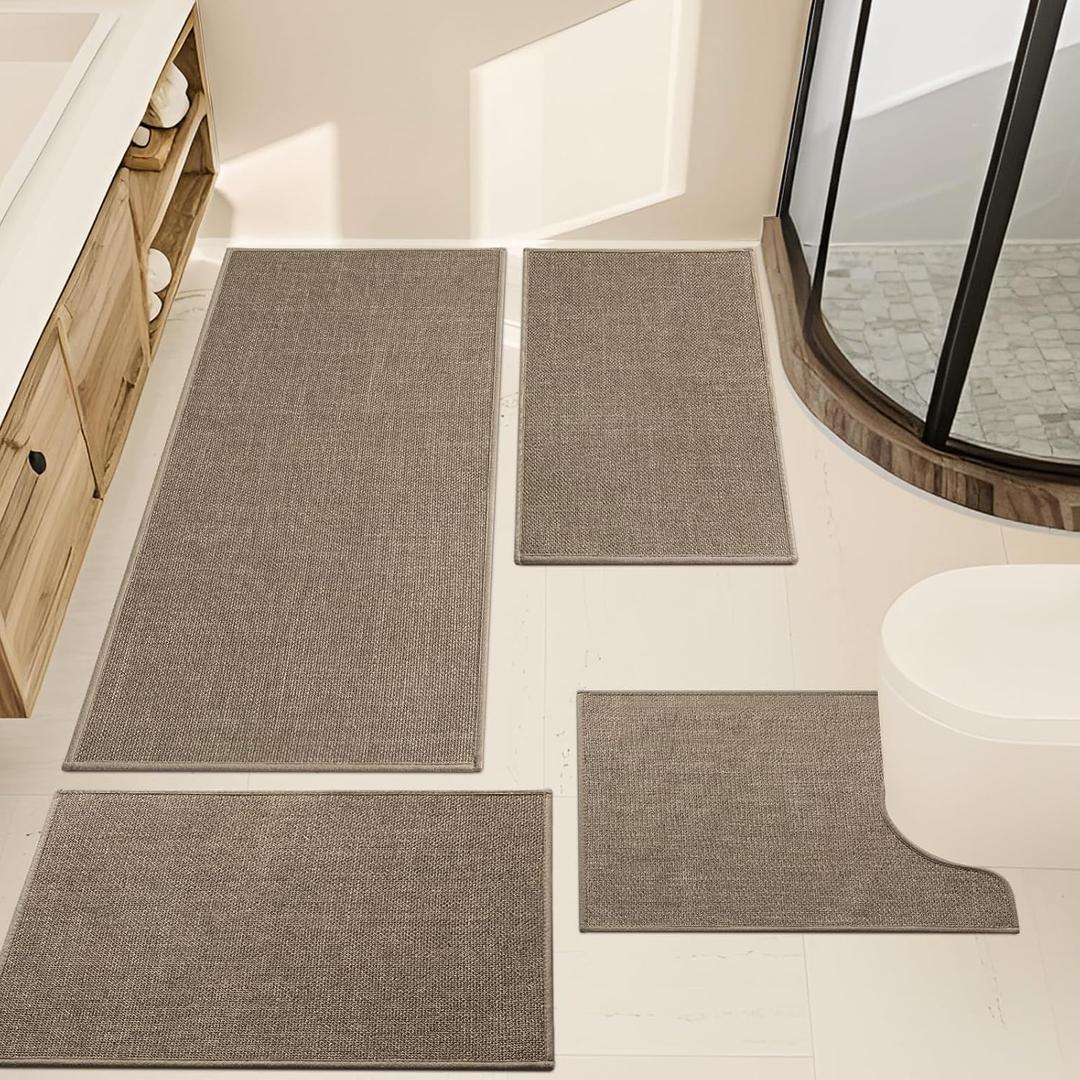 YIHOUSE Brown Bathroom Rug Sets 4 Piece, Dark Beige Absorbent Bath Mat for Bath Room Non Slip Washable,Bathroom Mat Quick Dry, Thin Bath Rug Set for Toilet and Floor